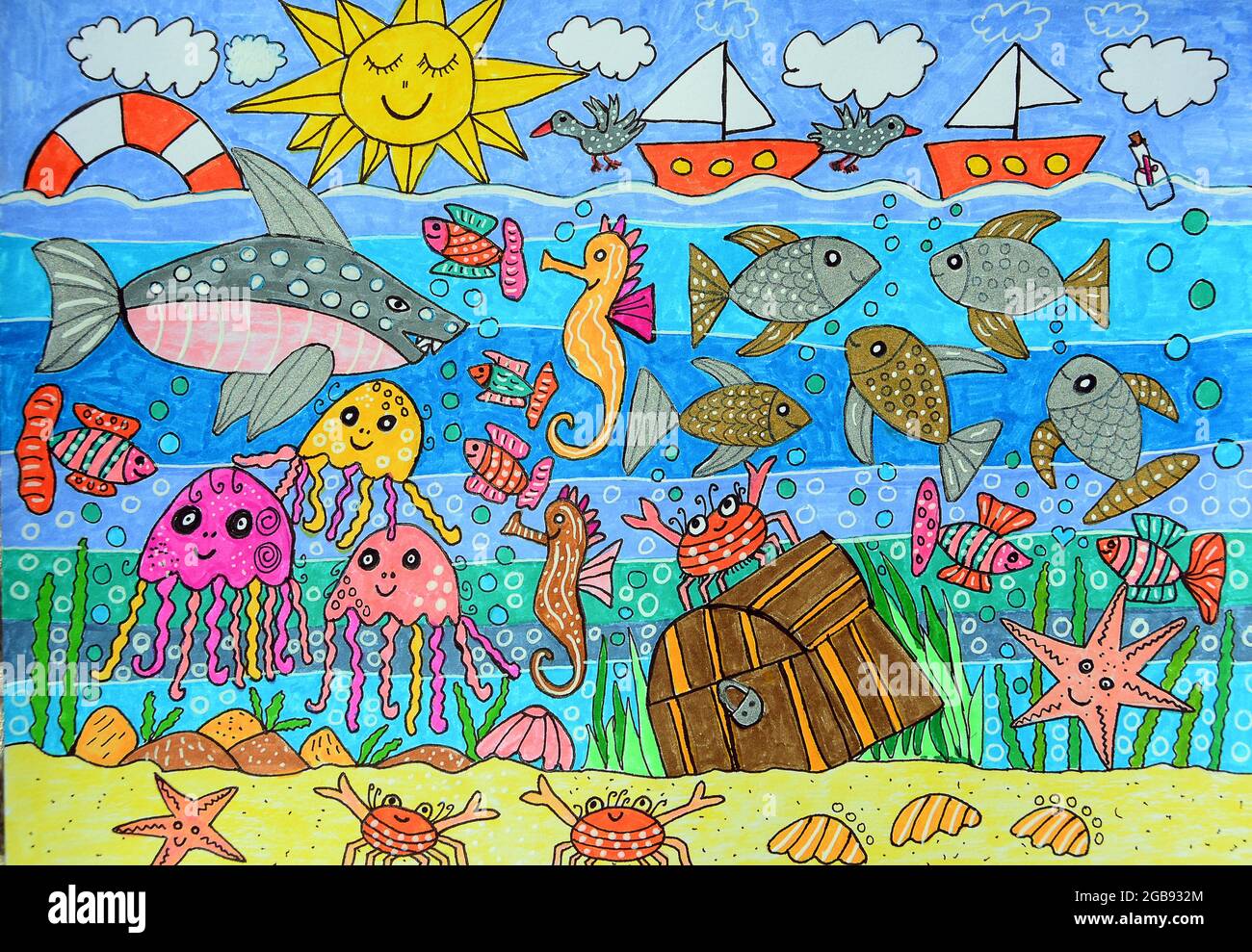 Fishermen, jellyfish, seahorses under water, sailing ships above water, naive illustration Stock Photo