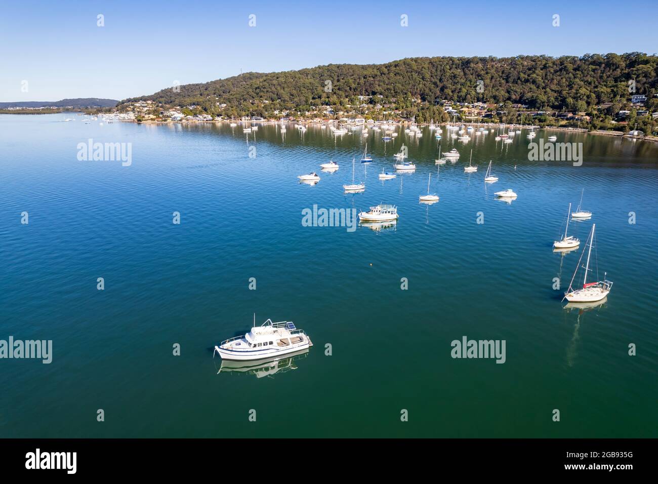 Blue sky and boats at Koolewong Waterfront on the Central Coast, NSW, Australia. Stock Photo