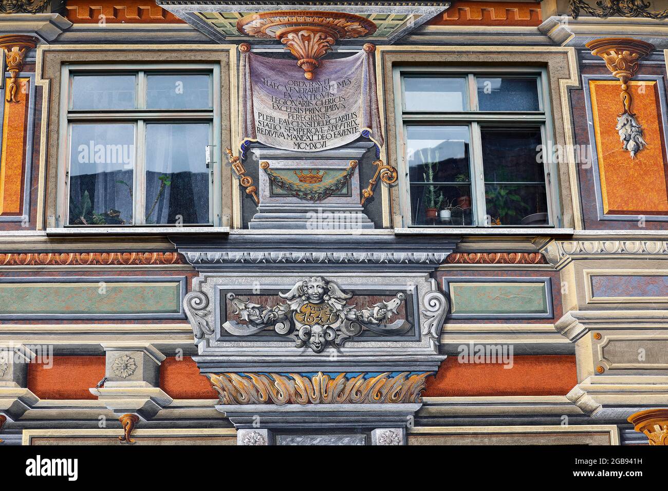 Historic town pharmacy, detail of painted facade, Fuessen old town