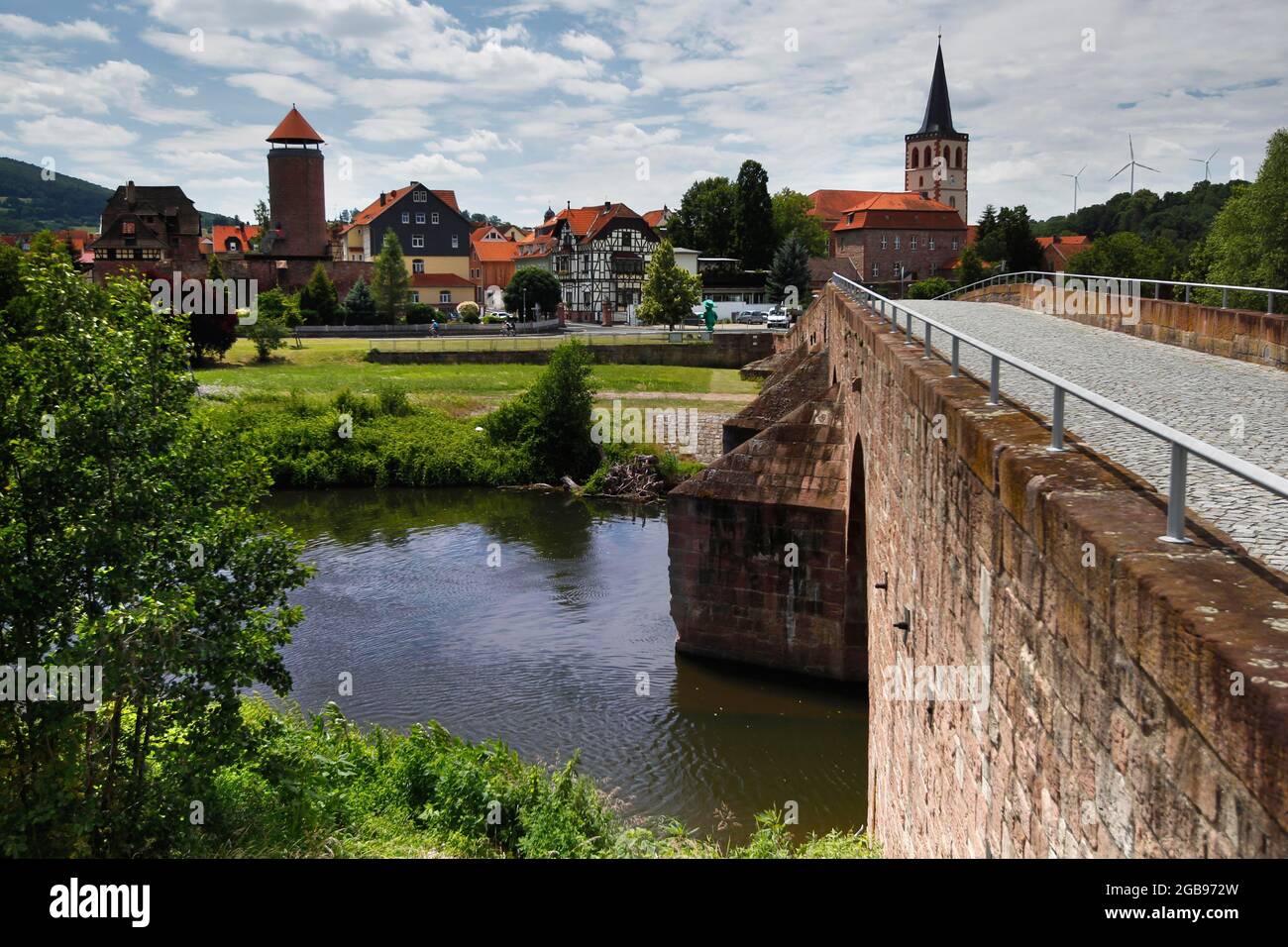 Werra, view from the bridge of unity to the town of Vacha, Kolonnenweg, Lochplattenweg, Gruenes Band, Grenzweg, former German-German border, Vacha Stock Photo