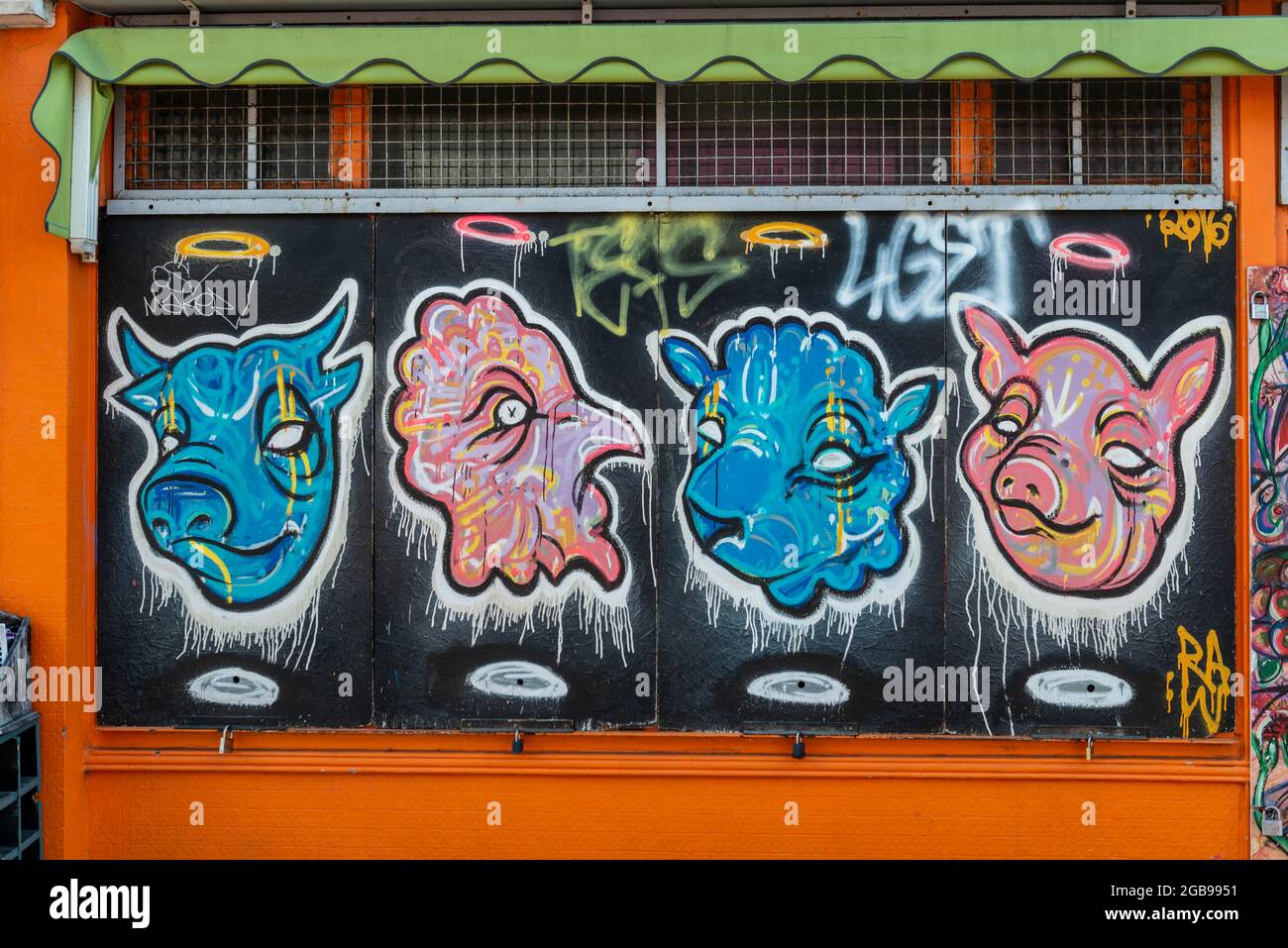 Colourful graffiti on a house, depicting a pig's head, sheep's head, chicken's head and bull's head, Brighton, East Sussex, England, Great Britain Stock Photo