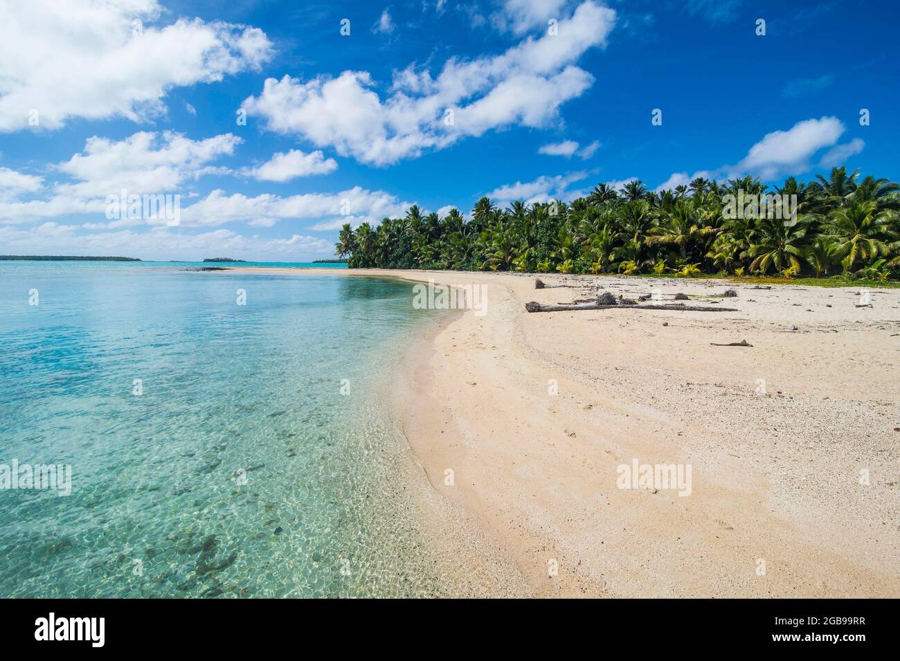 White sand beach and palm fringed beach in Aitutaki lagoon, Rarotonga