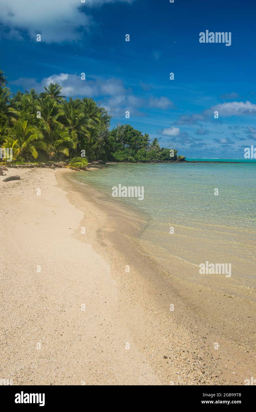 White sand beach and palm fringed beach in Aitutaki lagoon, Rarotonga