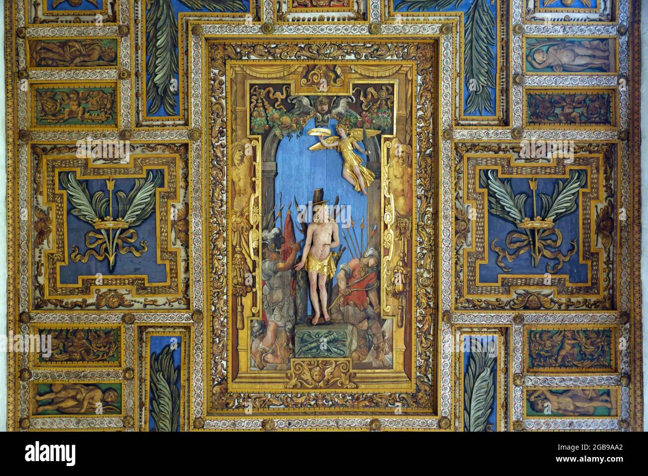 Wooden coffered ceiling of the Basilica of San Sebastiano fuori le mura on the Via Appia Antica, Rome, Lazio, Italy Stock Photo