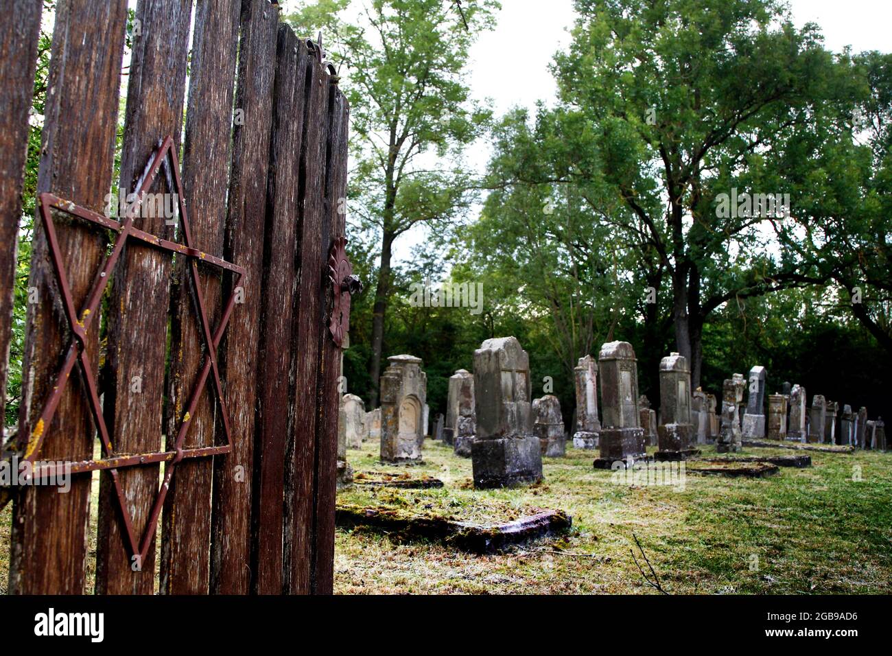 Entrance gate Jewish cemetery, wooden gate with Star of David, gravestones, grave monuments, Green Belt, border path, Berkach, municipality of Stock Photo