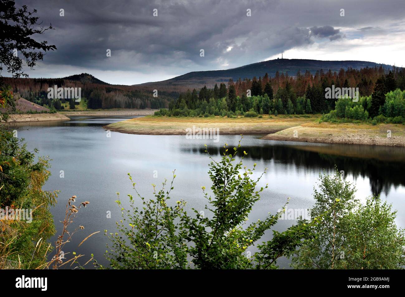 View over Eckerstausee to Brocken, Blocksberg, Brockenkuppe, lake, dam, Harz National Park, Kolonnenweg, Lochplattenweg, Gruenes Band, Grenzweg Stock Photo