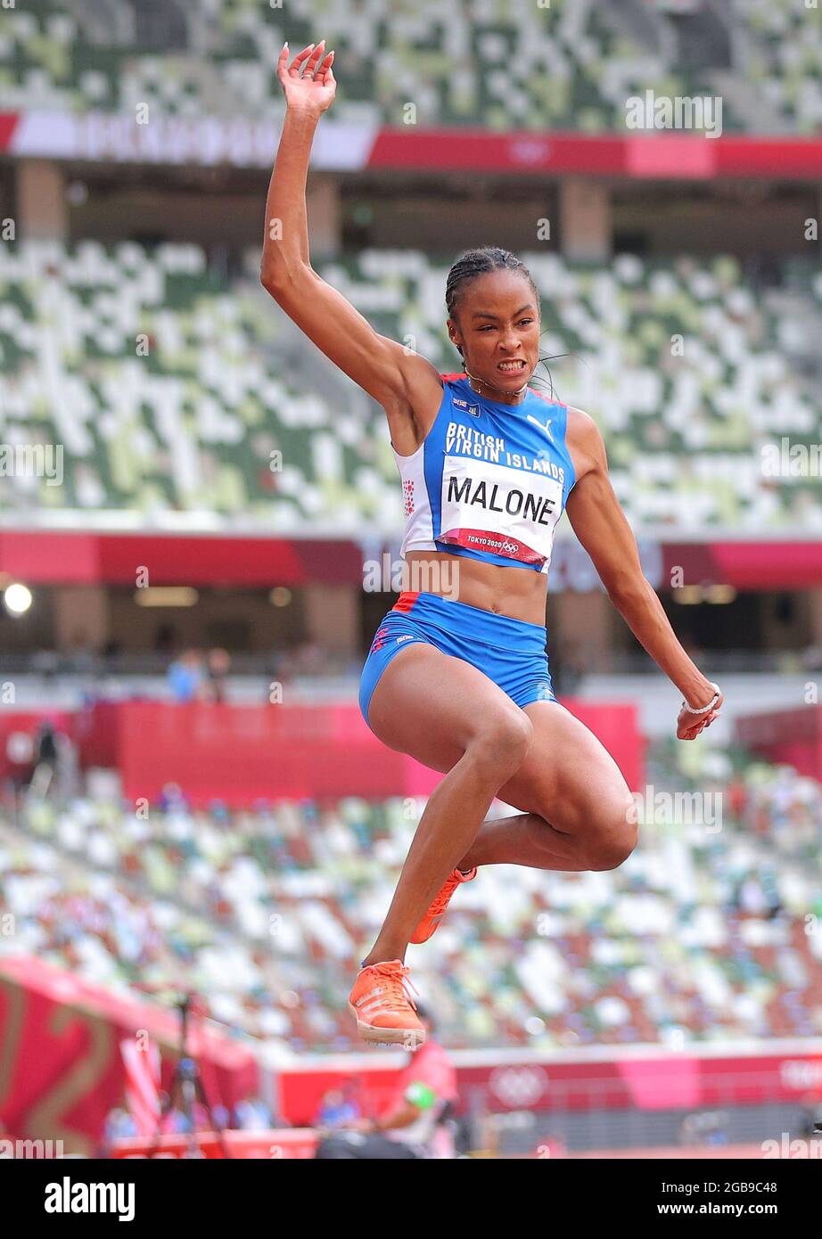 Tokyo, Japan. 3rd Aug, 2021. Chantel Malone of British Virgine Islands  competes during the women's long jump final at Tokyo 2020 Olympic Games, in  Tokyo, Japan, Aug. 3, 2021. Credit: Li Ming/Xinhua/Alamy