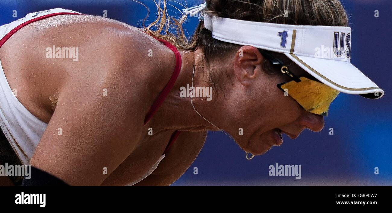 Tokyo, Japan. 3rd Aug, 2021. April Ross of the United States reacts during the women's quarterfinal match of beach volleyball between Germany's Laura Ludwig/Margareta Kozuch and April Ross/Alix Klineman of the United States at the Tokyo 2020 Olympic Games in Tokyo, Japan, Aug. 3, 2021. Credit: Liu Dawei/Xinhua/Alamy Live News Stock Photo