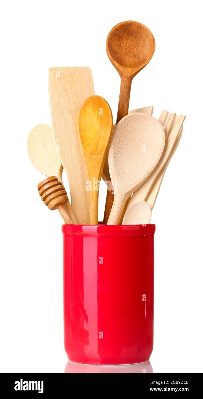 wooden kitchen utensils in cup isolated on white Stock Photo Alamy