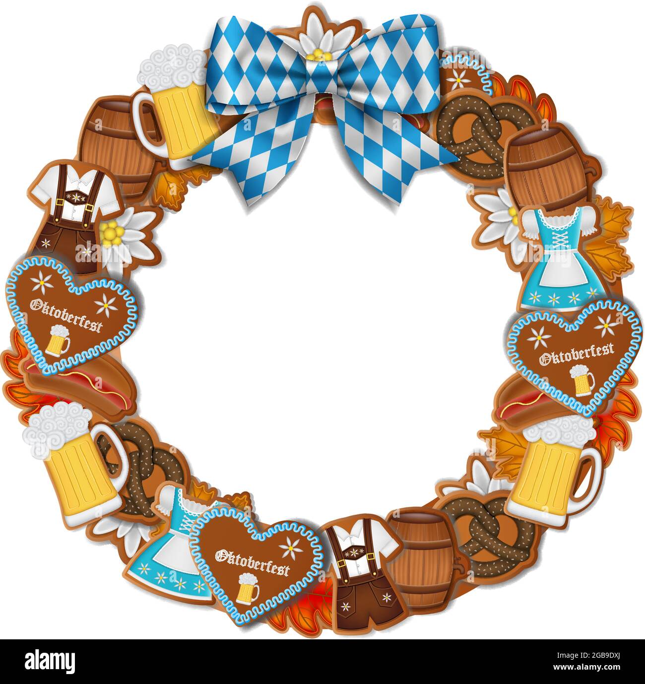 Oktoberfest wreath with gingerbread cookies and blue and white bow Stock Vector