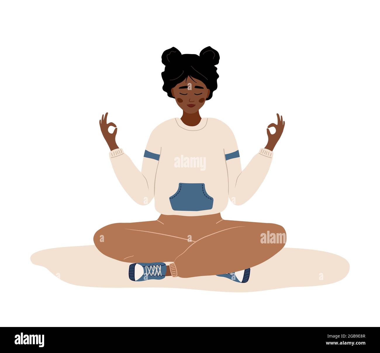 Breath awareness yoga exercise. African woman practicing belly breathing for relaxation. Meditation for body, mind and emotions. Spiritual practice Stock Vector