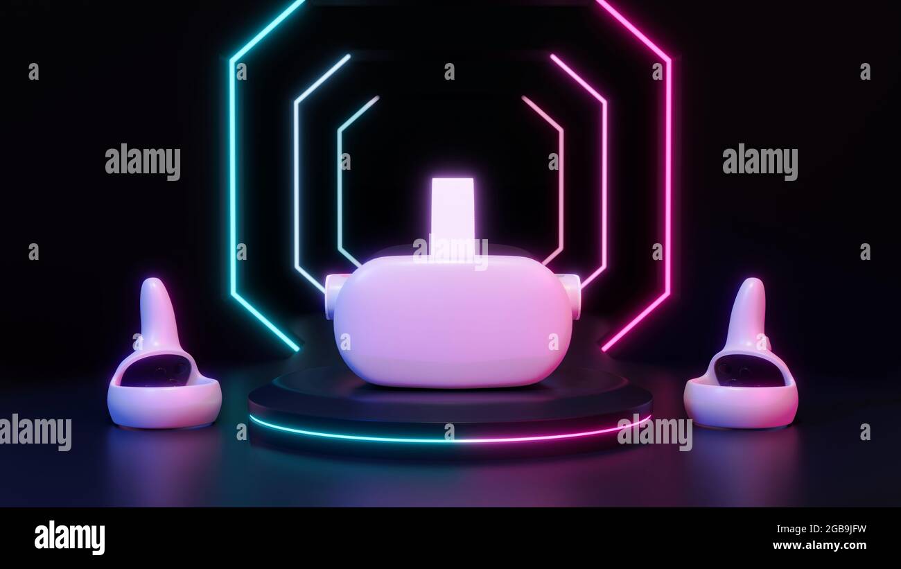 Future digital technology gadget, virtual reality glasses, VR headset with joysticks on neon light podium and dark background, 3d rendering, 3d illust Stock Photo