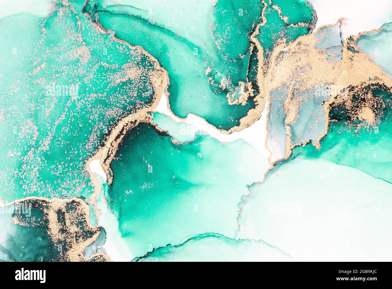 Green gold abstract background of marble liquid ink art painting on