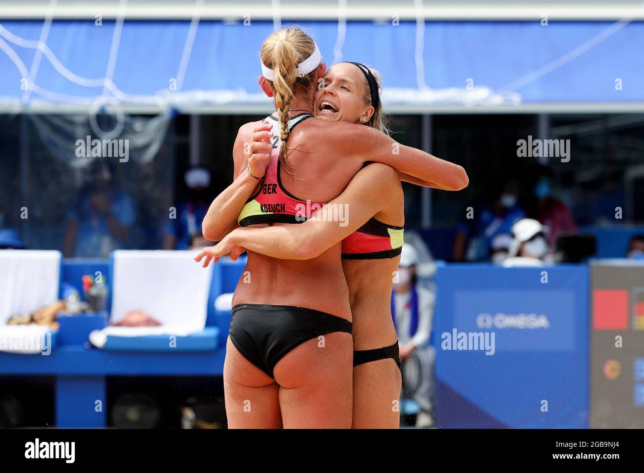 Tokyo, Japan, 3 August, 2021. Laura Ludwig of Team Germany and Margareta Kozuch of Team Germany celebrate a point during the Women's Beach Volleyball Quarterfinal match between Germany and USA on Day 11 of the Tokyo 2020 Olympic Games. Credit: Pete Dovgan/Speed Media/Alamy Live News Stock Photo