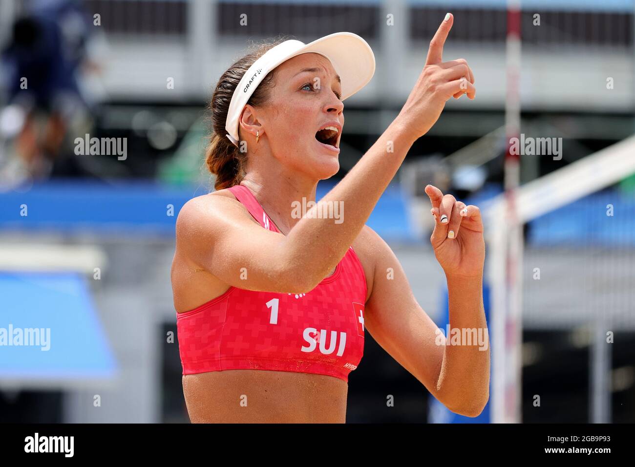 Tokyo, Japan, 3 August, 2021. Anouk Verge-Depre of Team Switzerland complains to the referee during the Women's Beach Volleyball Quarterfinal match between Brazil and Switzerland on Day 11 of the Tokyo 2020 Olympic Games. Credit: Pete Dovgan/Speed Media/Alamy Live News Stock Photo