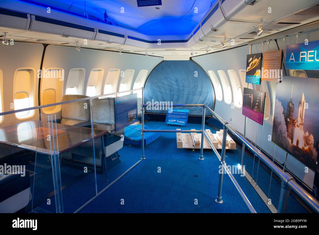 Interior of Boeing 747 Shuttle Carrier Aircraft on Independence Plaza in Johnson Space Center in city of Houston, Texas TX, USA. Stock Photo