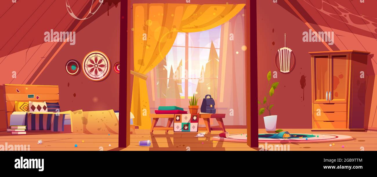 Abandoned bohemian bedroom, messy boho interior Stock Vector