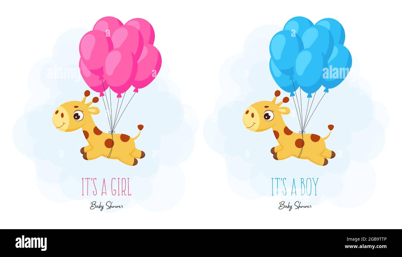 Baby Shower greeting card with cute little giraffe flying on balloon ...
