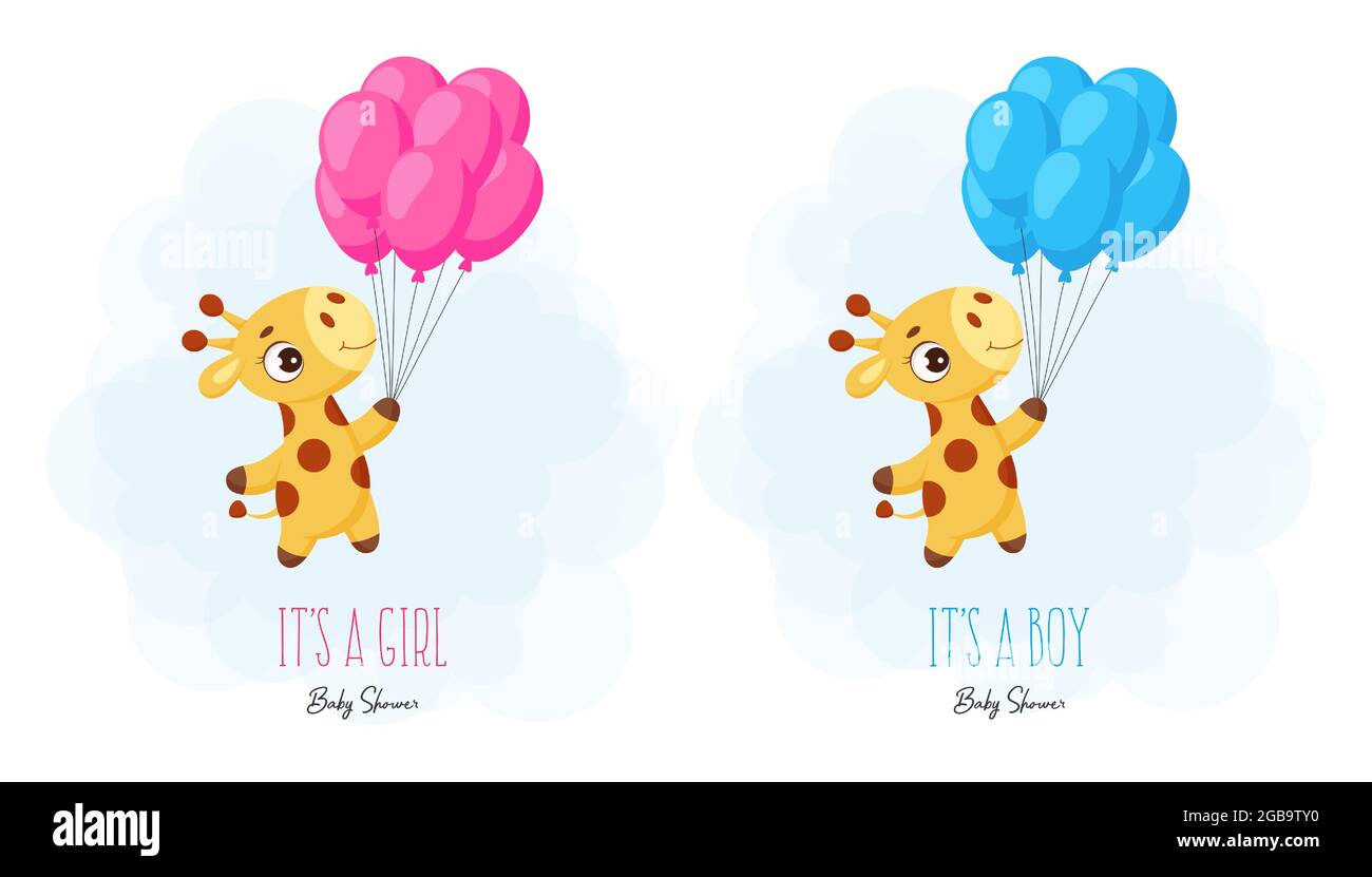 Baby Shower greeting card with cute little giraffe flying on balloon ...
