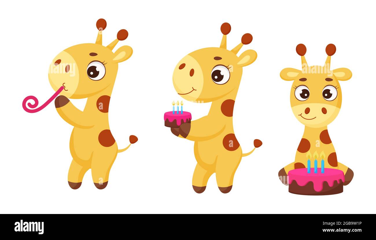Set of cute little giraffe celebration with cake. Funny cartoon ...
