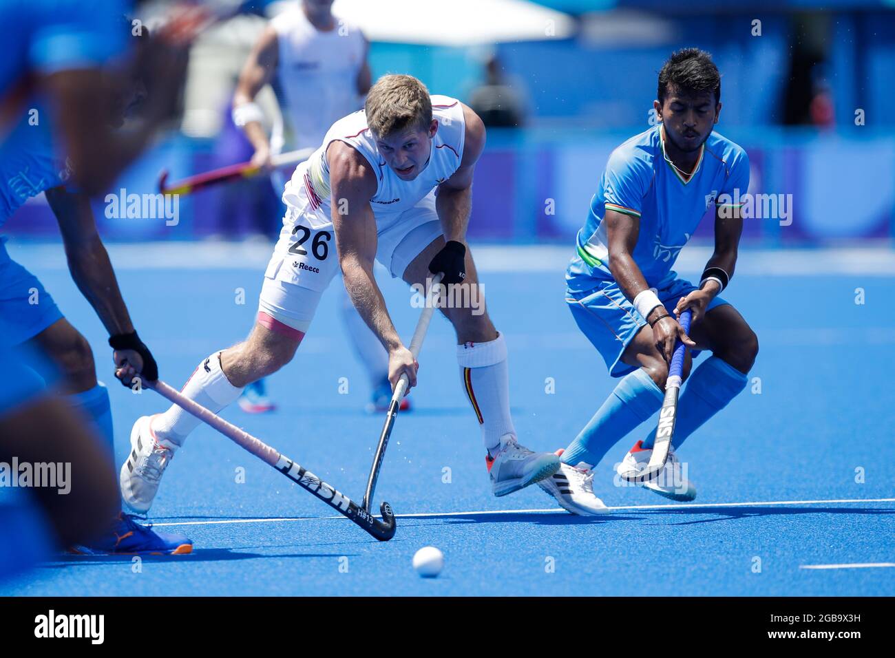 TOKYO, JAPAN - AUGUST 3: Victor Wegnez of Belgium, Vivek sagar Prasad of India competing on Men's Semi Final during the Tokyo 2020 Olympic Games at the Oi Hockey Stadium on August 3, 2021 in Tokyo, Japan (Photo by Pim Waslander/Orange Pictures) Stock Photo