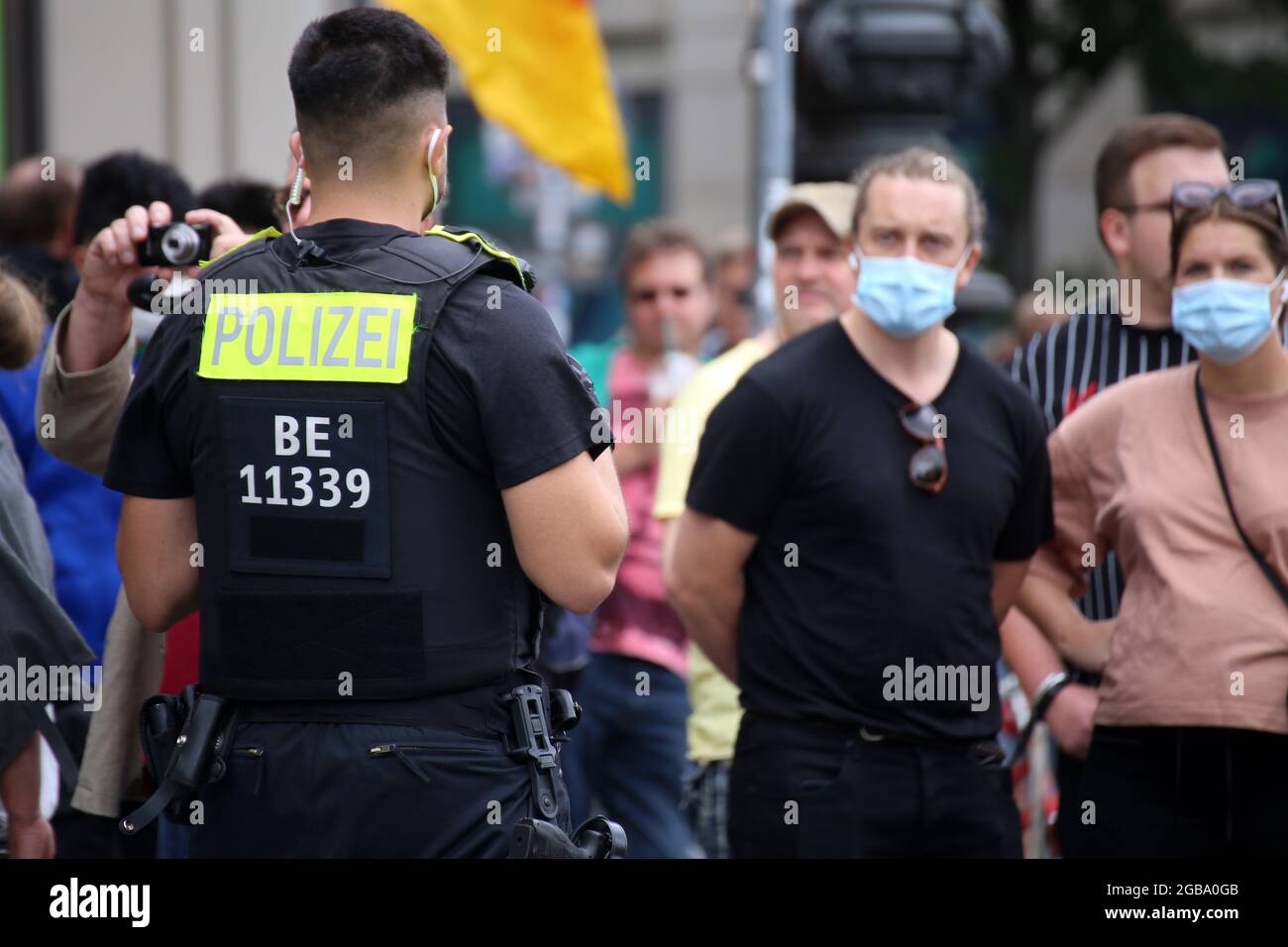 Berlin August 01, 2021: The planned Corona demonstration for peace and freedom against the federal government's corona measures was banned. Neverthele Stock Photo