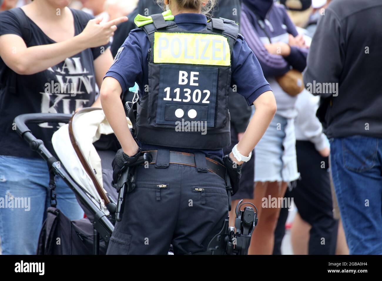 Berlin August 01, 2021: The planned Corona demonstration for peace and freedom against the federal government's corona measures was banned. Neverthele Stock Photo