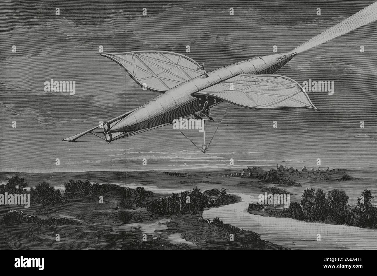 History of air navigation. Device invented by the Russian professor M. Baranowski to give direction to the balloons. Engraving. La Ilustración Española y Americana, 1882. Stock Photo