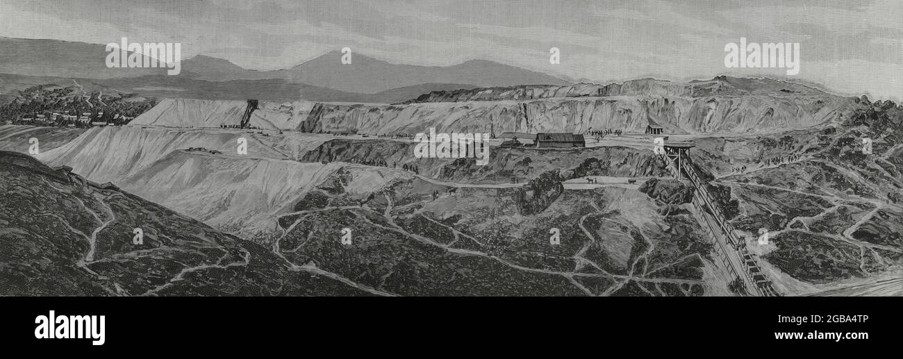 Spain, Basque Country. Biscayan mining industry. Somorrostro: perspective of the ore deposits of La Orconera and the new town of La Orconera. Engraving. La Ilustracion Española y Americana, 1882. Stock Photo