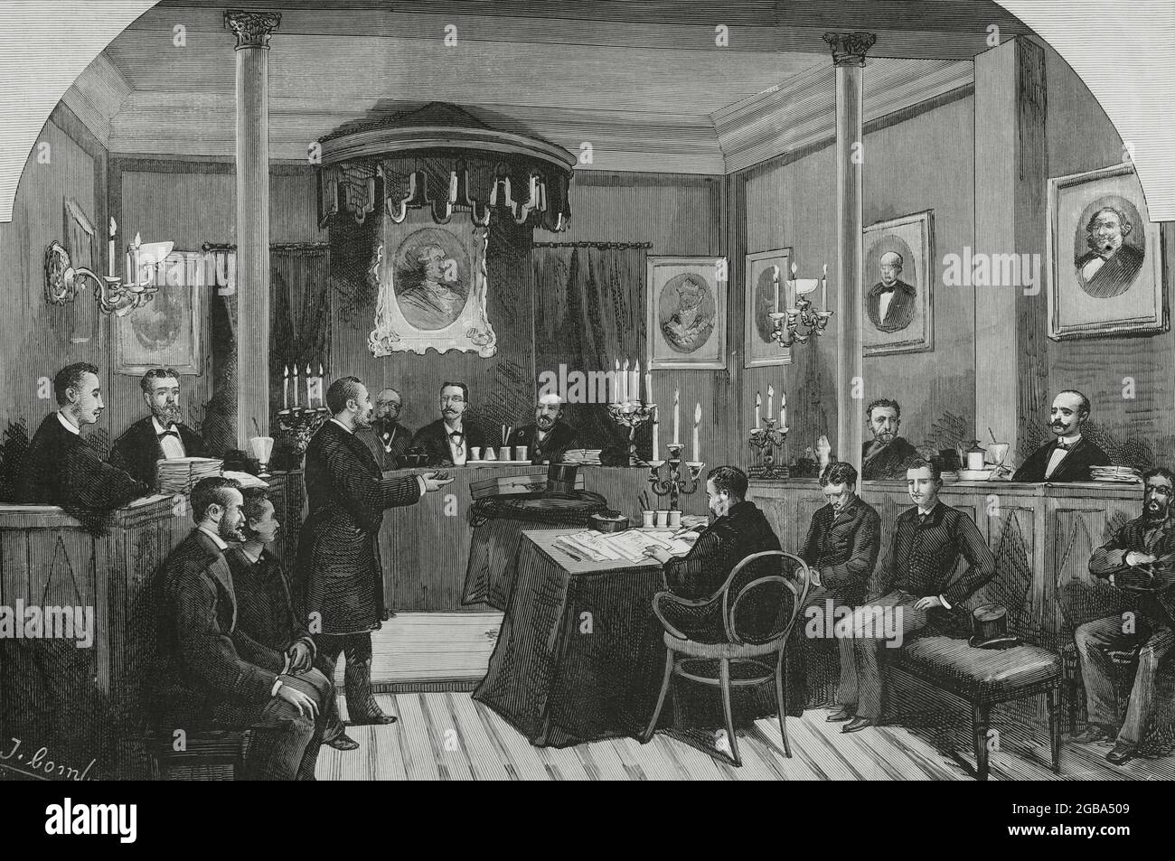 Spain, Madrid. The new criminal prosecution. Rehearsal of the oral and public trial at the Royal Academy of Jurisprudence, on the 15th and 16th of the current month. Drawing by Juan Comba. Engraving by Eugenio Vela. La Ilustración Española y Americana, December 30, 1882. Stock Photo