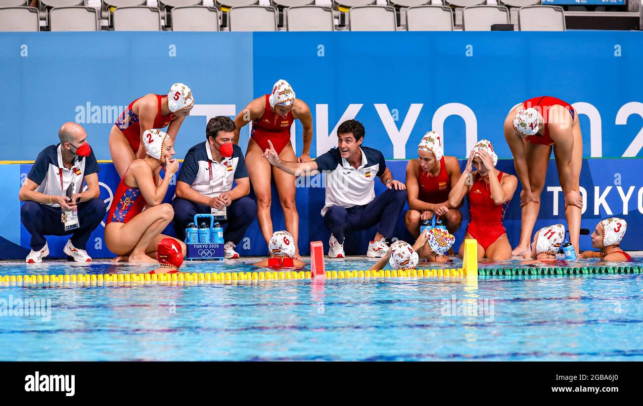 TOKYO, JAPAN - AUGUST 3: head coach Miki Oca of Spain, assistant coach Jordi Valls Nart of Spain, assistant coach Angel Luis Andreo Gaban of Spain, Paula Leiton of Spain, Maica Garcia of Spain, Roser Tarrago of Spain, Judith Forca of Spain, Clara Espar of Spain, Irene Gonzalez of Spain, Elena Ruiz of Spain, Bea Ortiz of Spain, Anni Espar of Spain, Marta Bach of Spain, Laura Ester of Spain, Maria Del Pilar Pena of Spain during the Tokyo 2020 Olympic Waterpolo Tournament women's quarterfinal match between Spain and China at Tatsumi Waterpolo Centre on August 3, 2021 in Tokyo, Japan (Photo by Mar Stock Photo