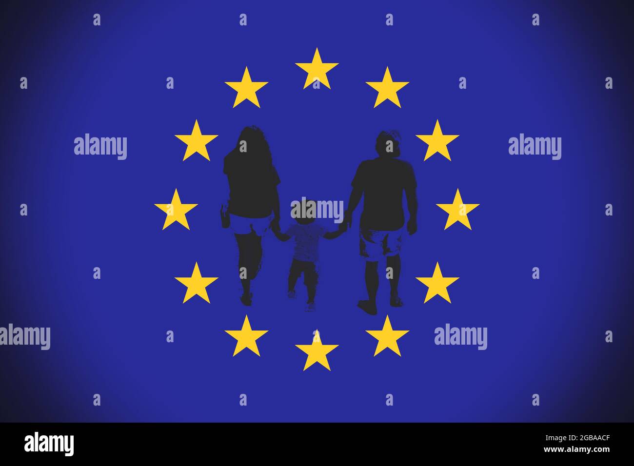 Silhouette of a couple with a children. Concept of adoption or parenting in Europe . Stock Photo