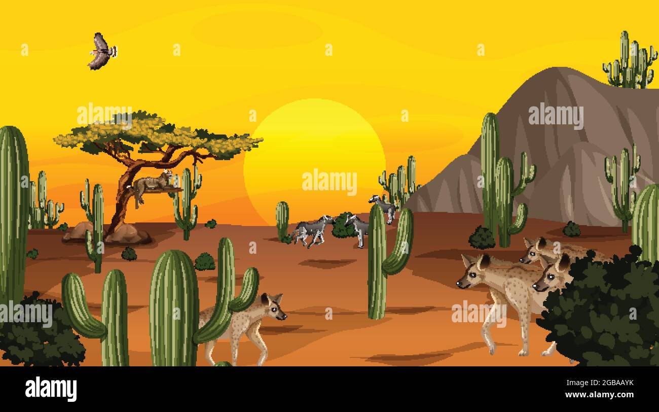 Desert forest landscape at sunset time scene with wild animals ...
