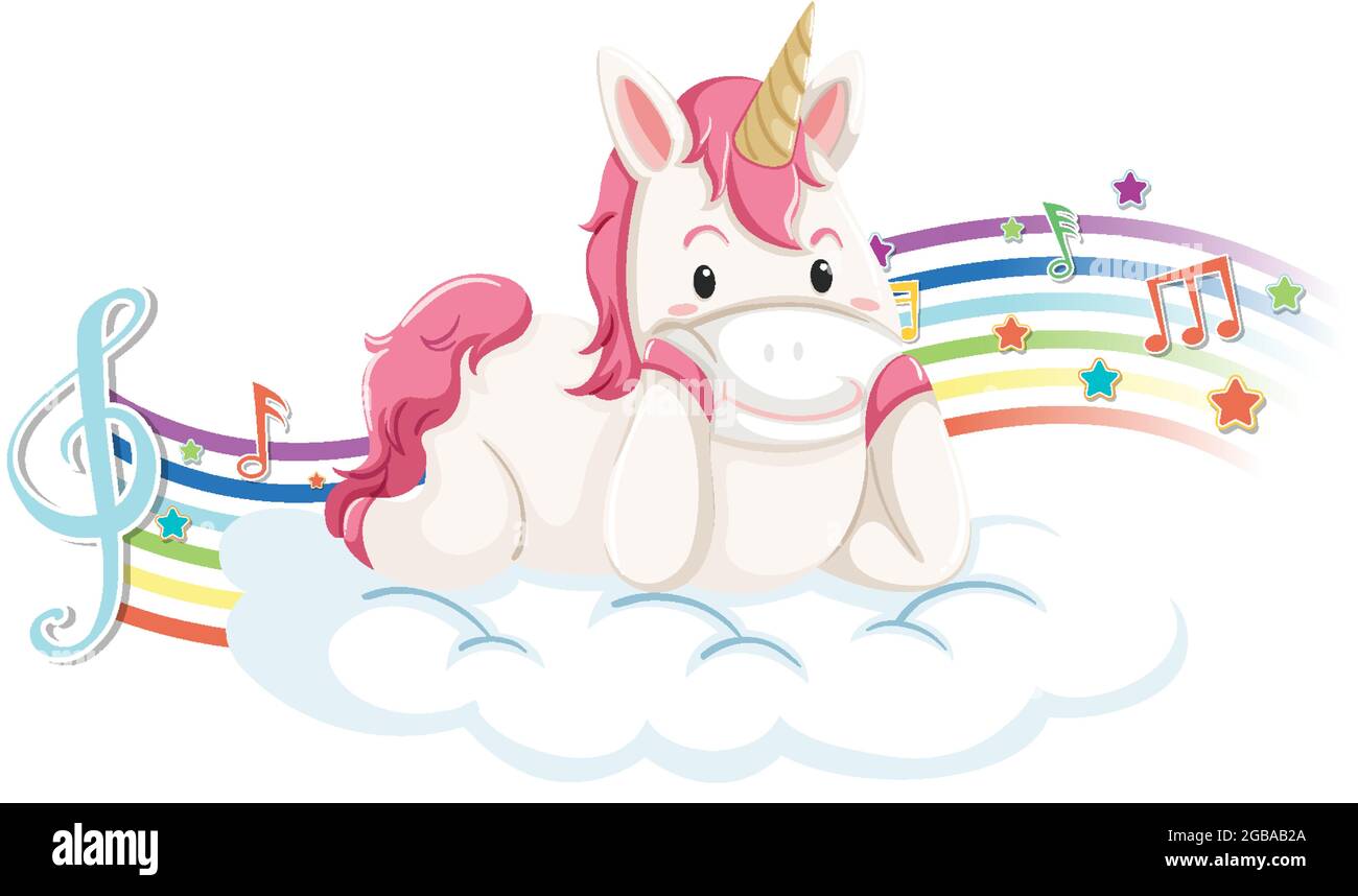 Cute unicorn laying on the cloud with melody symbols on rainbow ...