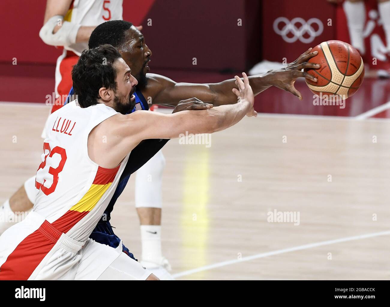 Tokyo, Japan. 03rd Aug, 2021. Spain's Sergio Llull (L) battles for the ball with United States' Bam Adebayo during Men's Basketball quarterfinal game at the Tokyo 2020 Olympics, Tuesday, August 3, 2021, in Tokyo, Japan. USA won, 95-81 to advance to the semi-finals. Photo by Mike Theiler/UPI Credit: UPI/Alamy Live News Stock Photo