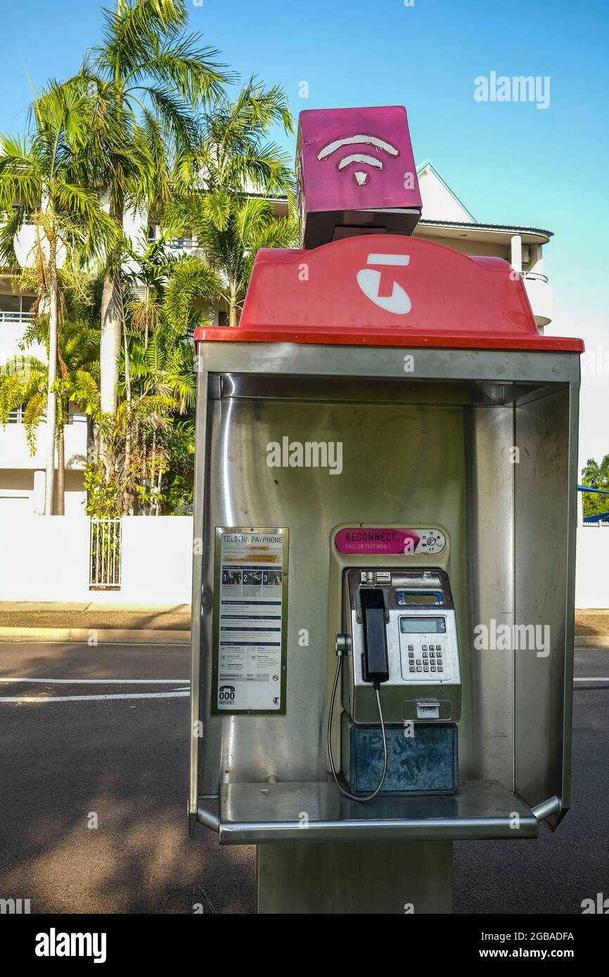 03 August 2021, Darwin, Northern Territory, Australia: From today Australia’s 15,076 Telstra public payphones will be free to use for phone calls (including local, national and mobile) and texts, with no restrictions other than a six-hour limit on phone calls. International calls will still be charged. . Photo: Regis Martin/Alamy Live News Stock Photo