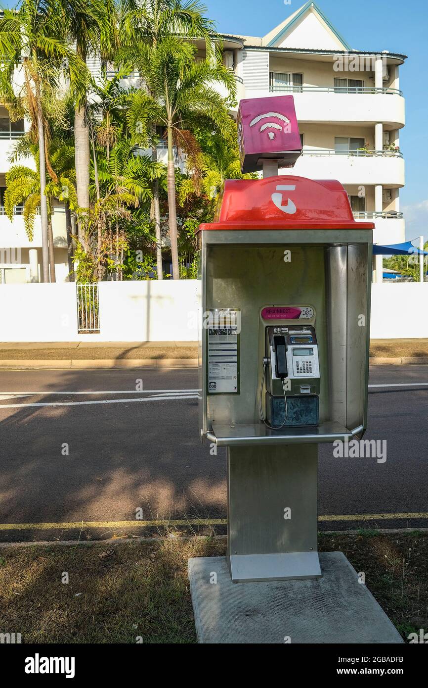 03 August 2021, Darwin, Northern Territory, Australia: From today Australia’s 15,076 Telstra public payphones will be free to use for phone calls (including local, national and mobile) and texts, with no restrictions other than a six-hour limit on phone calls. International calls will still be charged. . Photo: Regis Martin/Alamy Live News Stock Photo