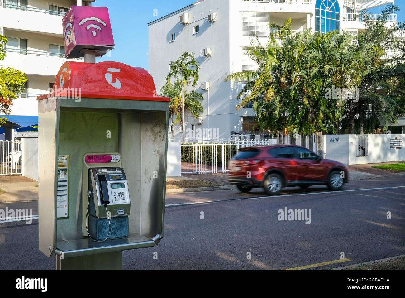 03 August 2021, Darwin, Northern Territory, Australia: From today Australia’s 15,076 Telstra public payphones will be free to use for phone calls (including local, national and mobile) and texts, with no restrictions other than a six-hour limit on phone calls. International calls will still be charged. . Photo: Regis Martin/Alamy Live News Stock Photo