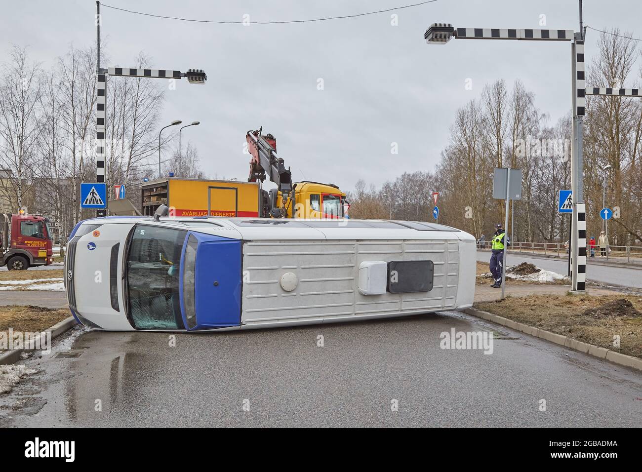 February 26, 2021, Riga, Latvia, damaged cars on the city raod at the ...