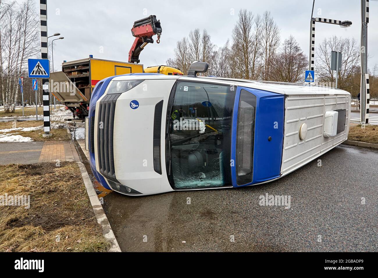 February 26, 2021, Riga, Latvia, damaged cars on the city raod at the ...