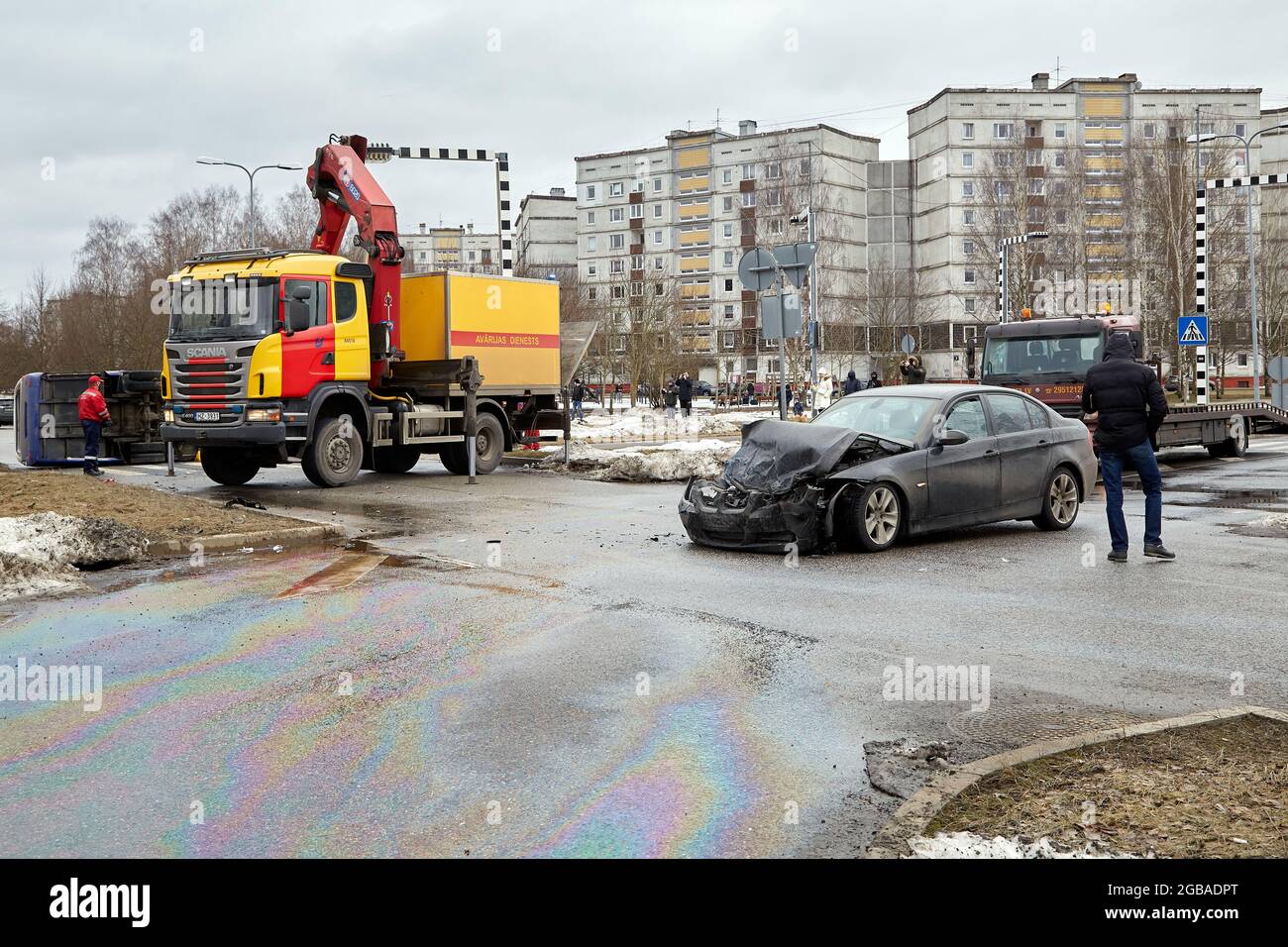 February 26, 2021, Riga, Latvia, damaged cars on the city raod at the ...