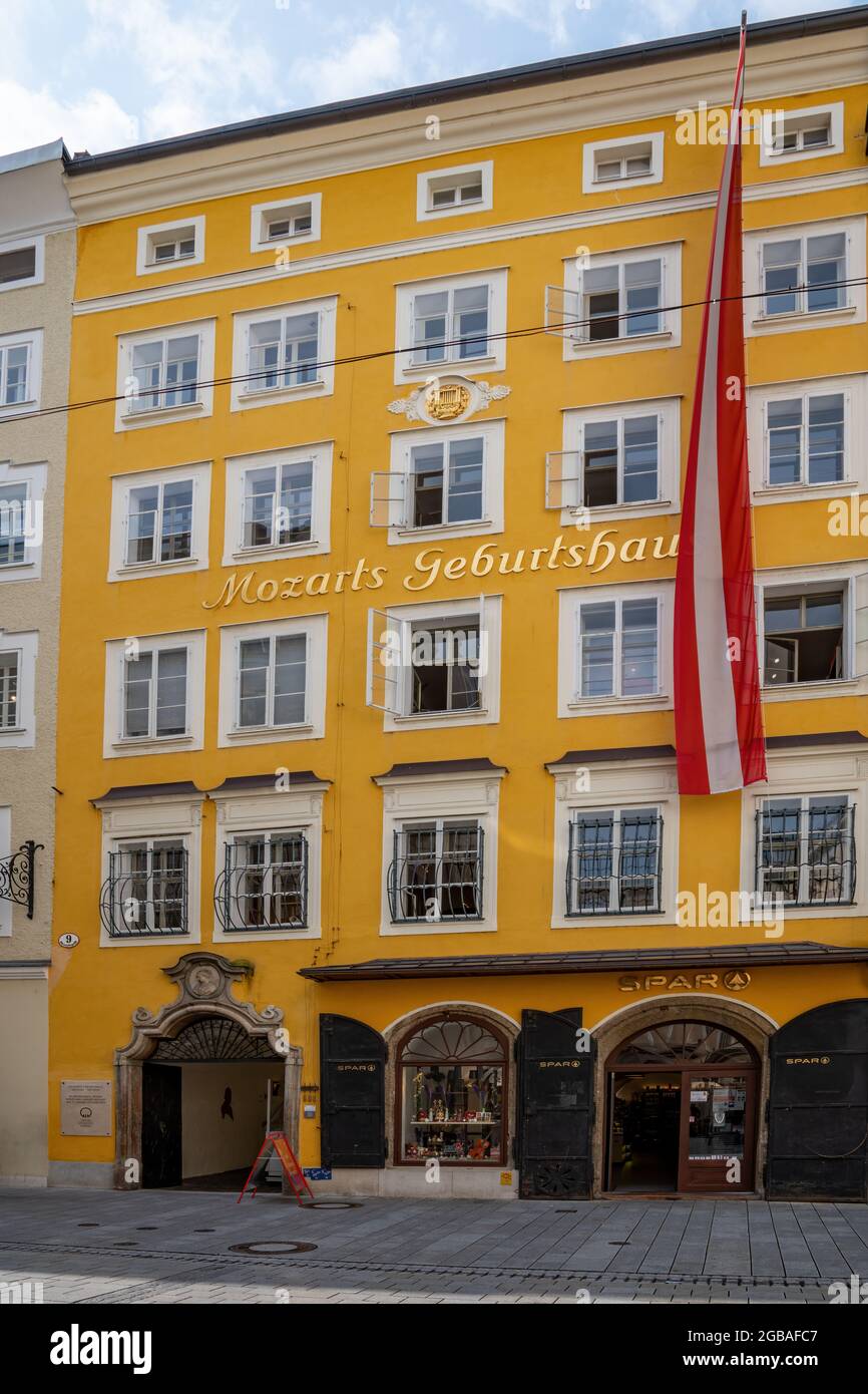 Salzburg, Austria; July 20, 2021 - A view of W. A. Mozarts house. He was born in 1756 in the 'Hagenauer Haus' at No. 9 Getreidegasse in Salzburg. Stock Photo