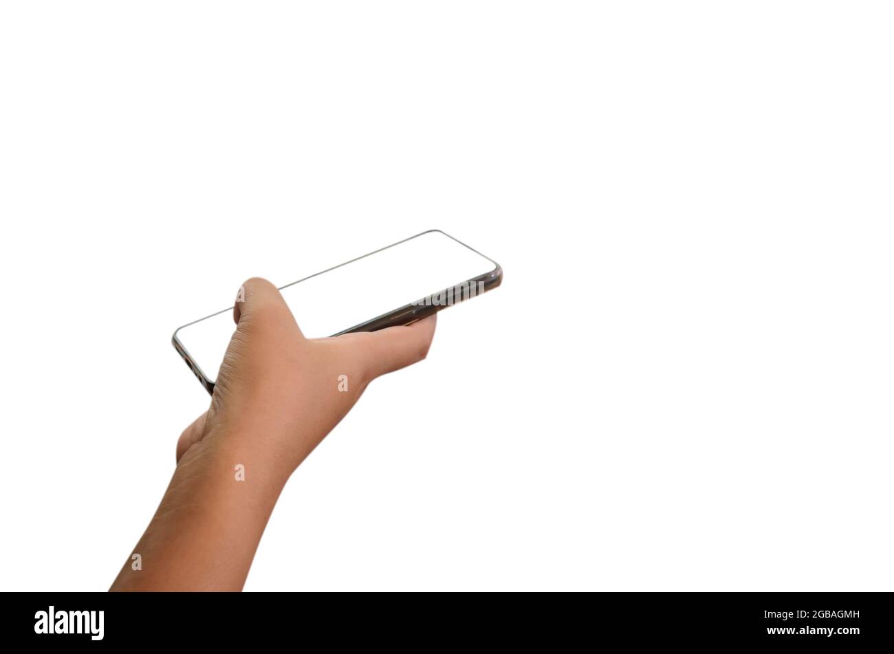 hand holding smart phone on white background Stock Photo - Alamy