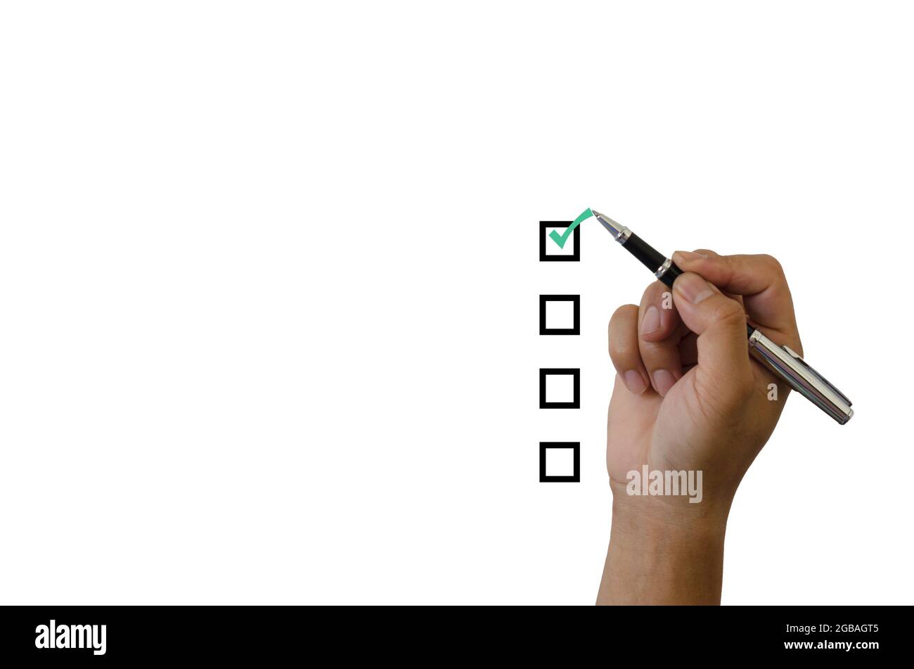 hand holding a green checkmark on a white background Stock Photo