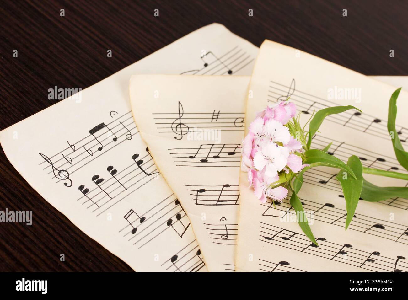 Musical notes and flower on wooden table Stock Photo - Alamy