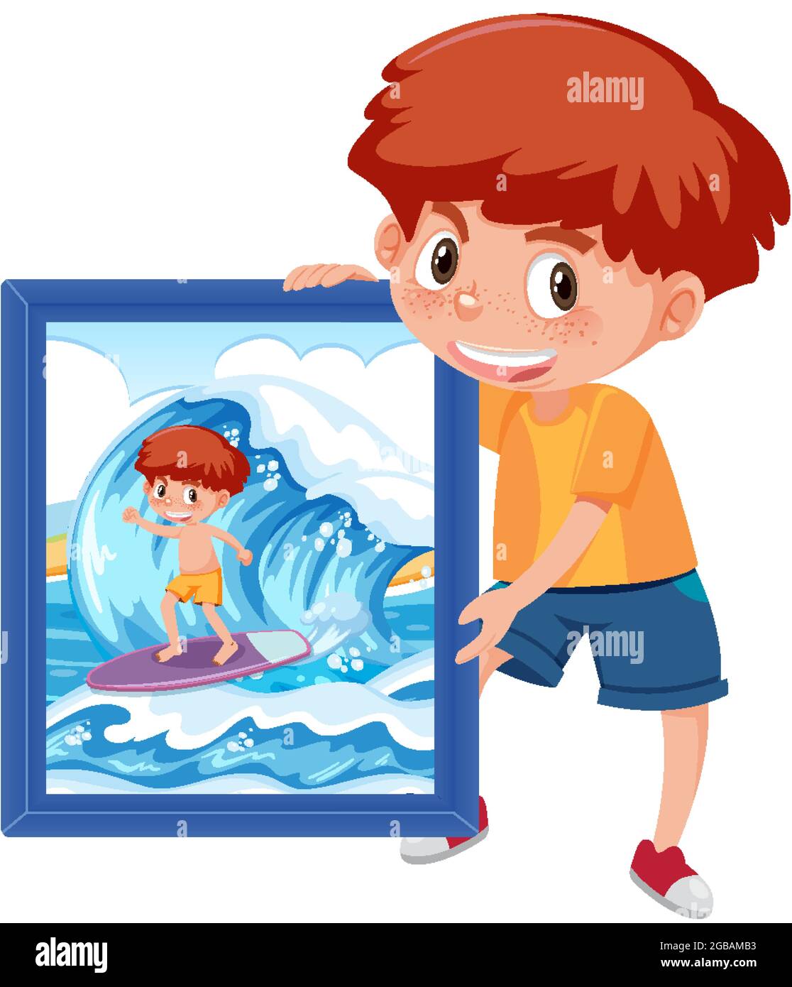 A boy cartoon character holding a photo of a boy surfing on big wave ...