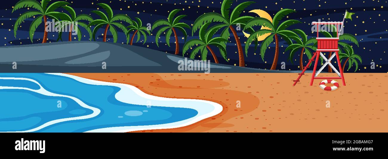 Beach horizontal scene at night time with many palm trees illustration ...