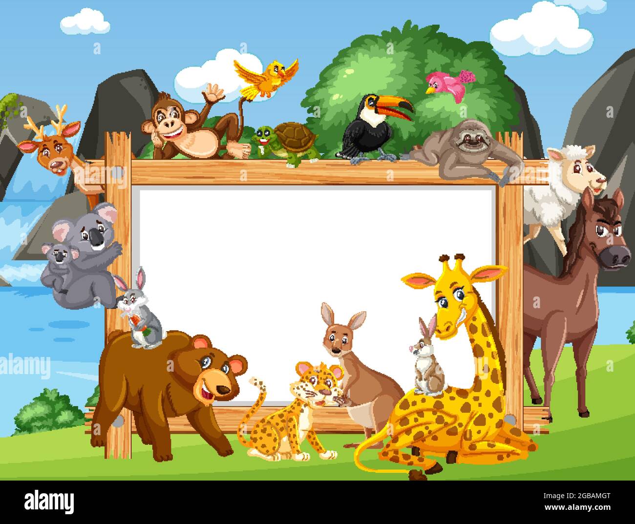 Empty wooden frame with various wild animals in the forest illustration ...