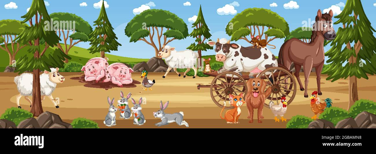 Panorama landscape scene with various farm animals illustration Stock ...