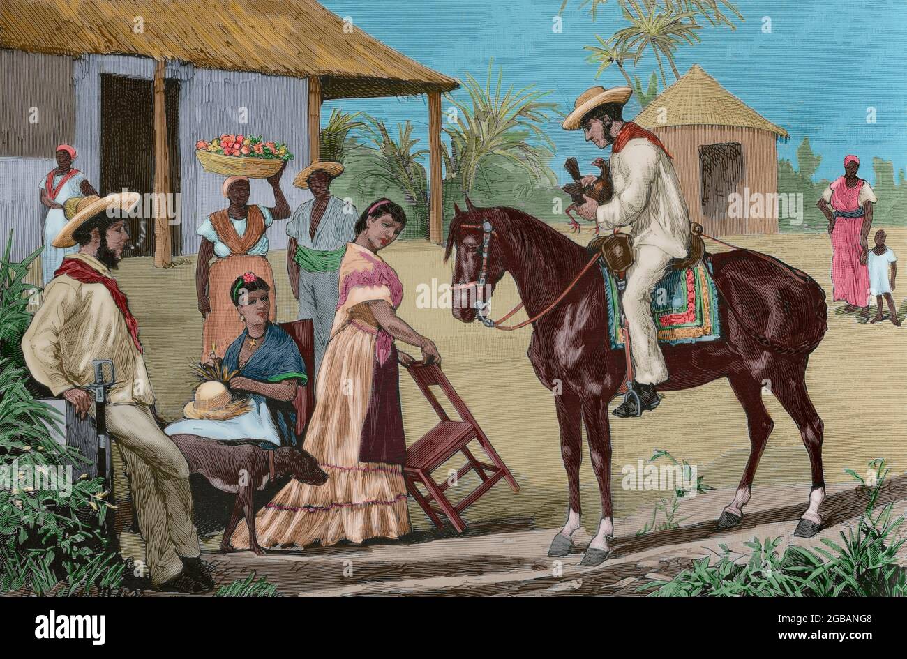 Island of Cuba. Family of guajiros (Cuban farmers). Engraving after an illustration of Victor Patricio Landaluze. Later colouration. La Ilustración Española y Americana, 1881. Stock Photo